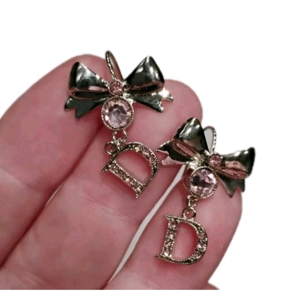 Christian Dior Silver and Pink Bow "D" Women's Fish Hook Earrings - Picture 1 of 5